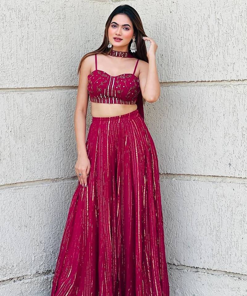 Designer Maroon Crop Top Lehenga with Dupatta