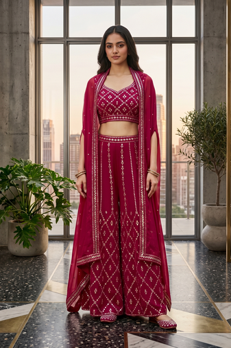 Designer Pink Colour in Thread Work Top Palazzo With Shrug