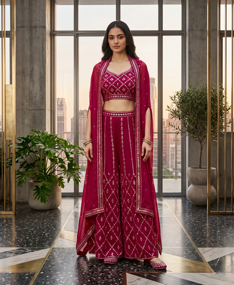 Designer Pink Colour in Thread Work Top Palazzo With Shrug