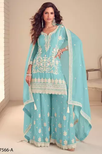 Light blue chinon silk full stitched free size palazzo suits upto 42