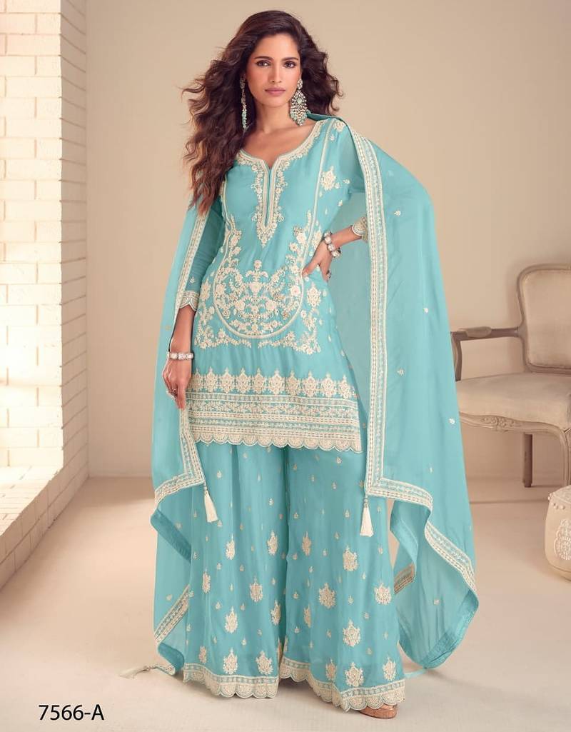 Light blue chinon silk full stitched free size palazzo suits upto 42