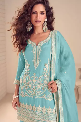 Light blue chinon silk full stitched free size palazzo suits upto 42