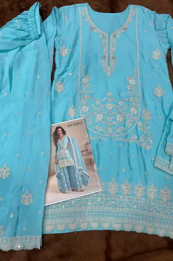 Light blue chinon silk full stitched free size palazzo suits upto 42