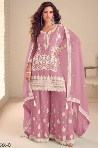 Lavender chinon silk full stitched free size palazzo suits upto 42