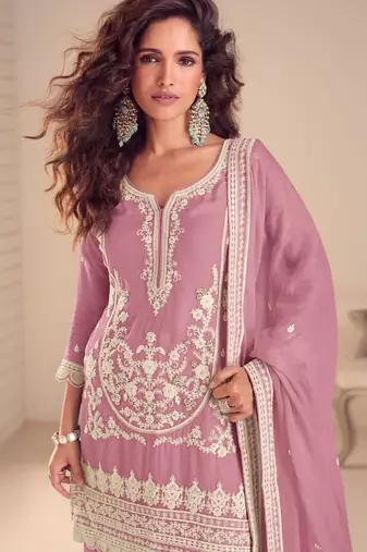 Lavender chinon silk full stitched free size palazzo suits upto 42