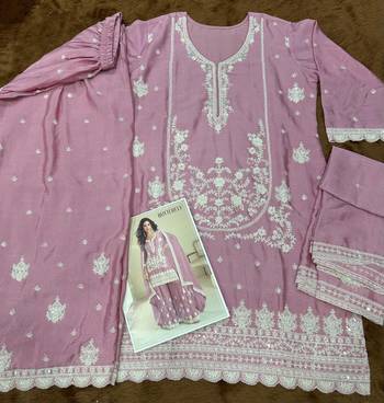 Lavender chinon silk full stitched free size palazzo suits upto 42 3