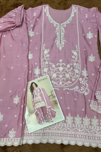 Lavender chinon silk full stitched free size palazzo suits upto 42