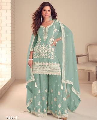 Greyish blue chinon silk full stitched free size palazzo suits upto 42 1