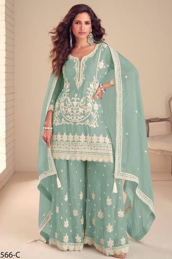 Greyish blue chinon silk full stitched free size palazzo suits upto 42