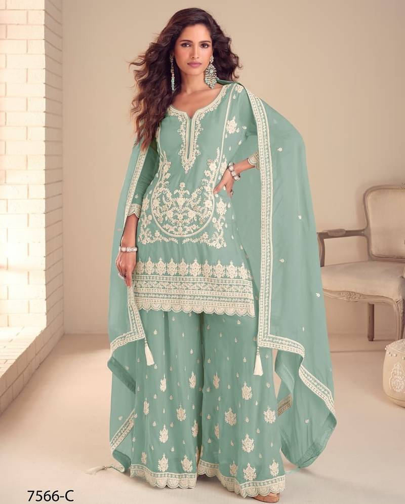 Greyish blue chinon silk full stitched free size palazzo suits upto 42