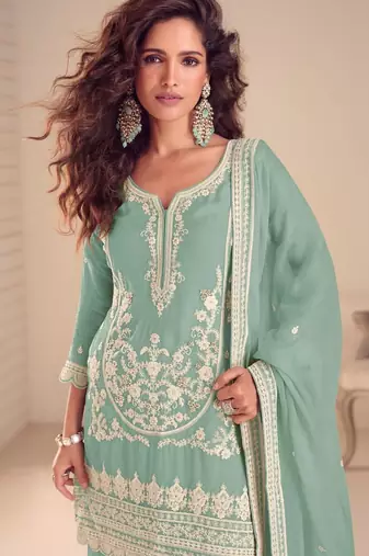 Greyish blue chinon silk full stitched free size palazzo suits upto 42