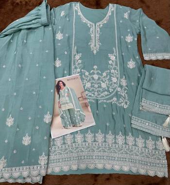 Greyish blue chinon silk full stitched free size palazzo suits upto 42 3