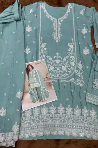 Greyish blue chinon silk full stitched free size palazzo suits upto 42