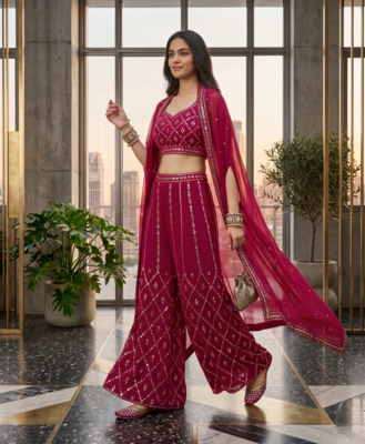 Designer Pink Colour in Thread Work Top Palazzo With Shrug 2