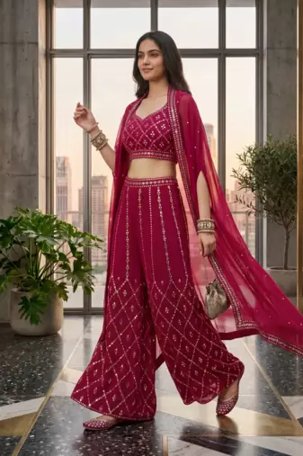 Designer Pink Colour in Thread Work Top Palazzo With Shrug