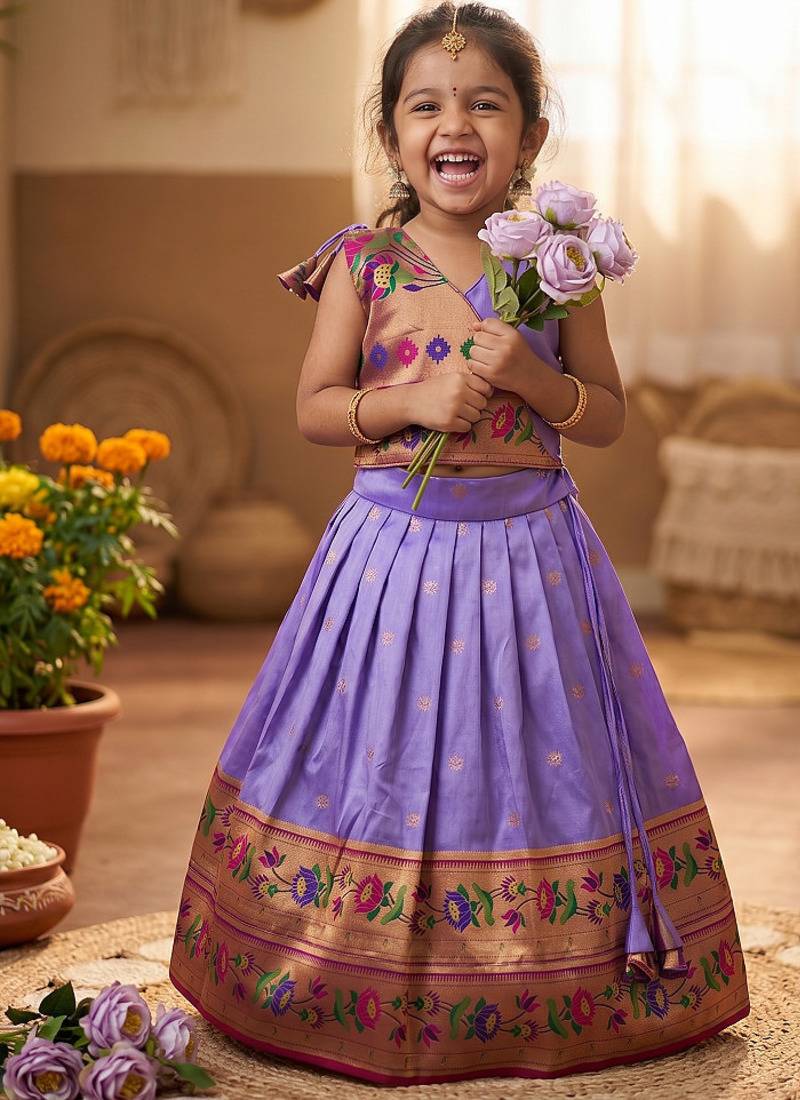 Kids paithani silk lotus pattern lehenga choli