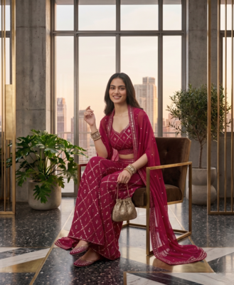 Designer Pink Colour in Thread Work Top Palazzo With Shrug 3