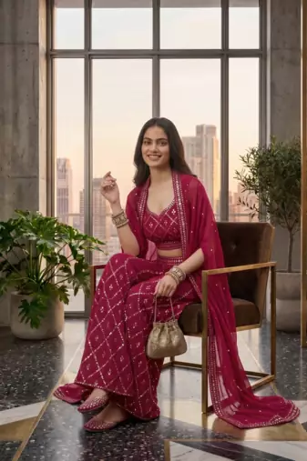 Designer Pink Colour in Thread Work Top Palazzo With Shrug