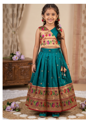 teal paithani silk lotus pattern kids lehenga choli 1