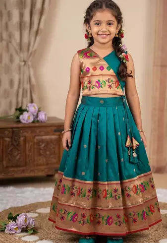 Kids paithani silk lotus pattern lehenga choli