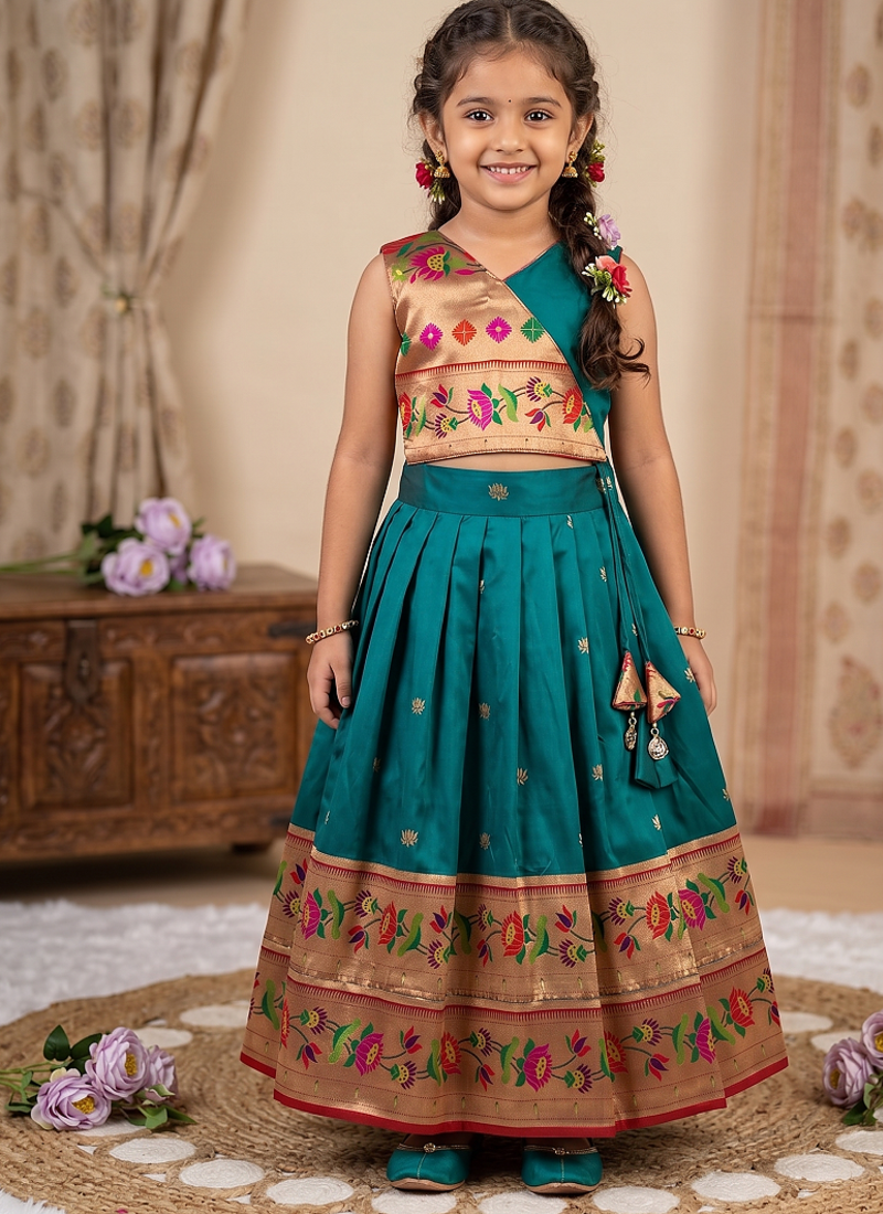 Kids paithani silk lotus pattern lehenga choli