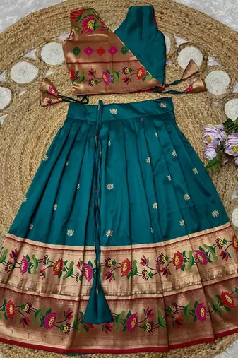 teal paithani silk lotus pattern kids lehenga choli