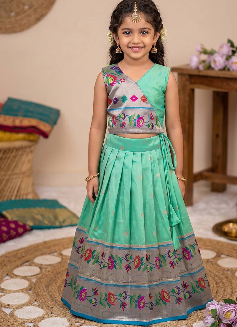 Kids paithani silk lotus pattern lehenga choli