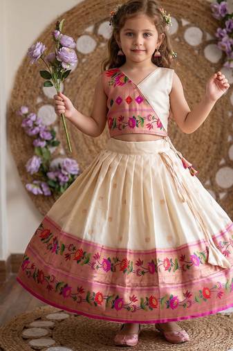Kids paithani silk lotus pattern lehenga choli