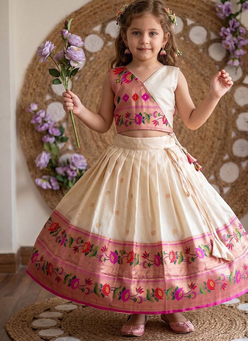Kids paithani silk lotus pattern lehenga choli