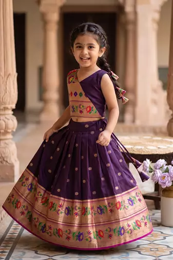 Kids paithani silk lotus pattern lehenga choli