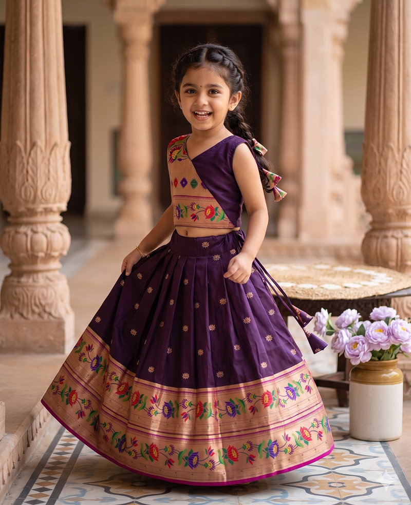Kids paithani silk lotus pattern lehenga choli