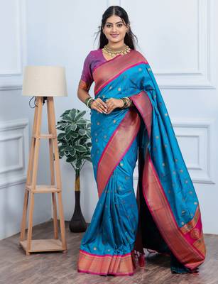 blue floral, temple border, zari woven silk blend saree with blouse 1