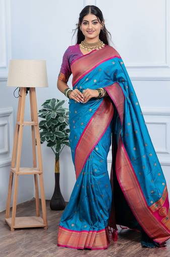blue floral, temple border, zari woven silk blend saree with blouse