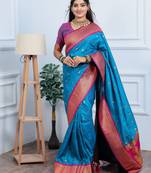 blue floral, temple border, zari woven silk blend saree with blouse