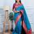 blue floral, temple border, zari woven silk blend saree with blouse