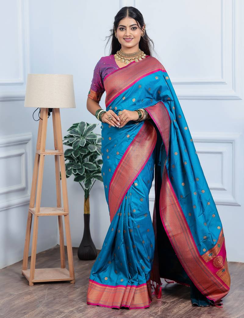blue floral, temple border, zari woven silk blend saree with blouse