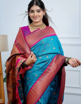 blue floral, temple border, zari woven silk blend saree with blouse 2
