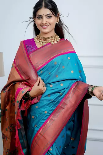 blue floral, temple border, zari woven silk blend saree with blouse