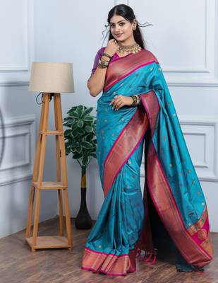 blue floral, temple border, zari woven silk blend saree with blouse 3