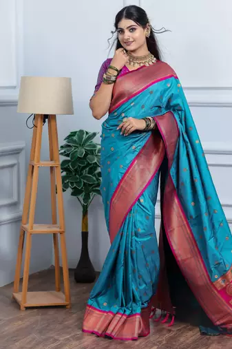 blue floral, temple border, zari woven silk blend saree with blouse