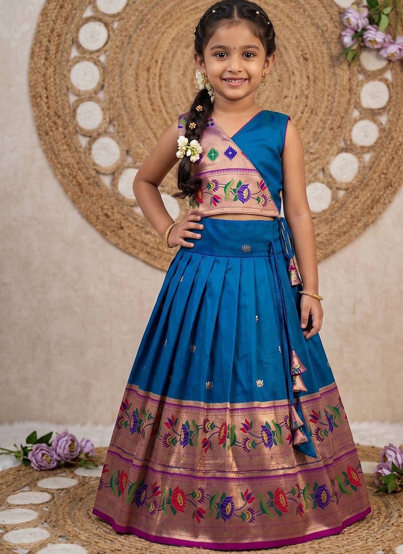 Kids paithani silk lotus pattern lehenga choli