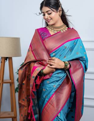 blue floral, temple border, zari woven silk blend saree with blouse 4