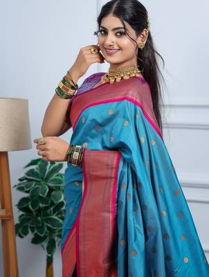 blue floral, temple border, zari woven silk blend saree with blouse 5