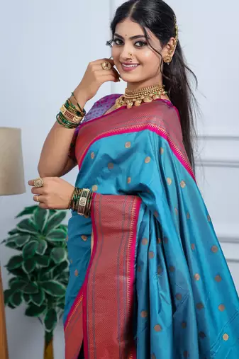 blue floral, temple border, zari woven silk blend saree with blouse