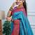 blue floral, temple border, zari woven silk blend saree with blouse