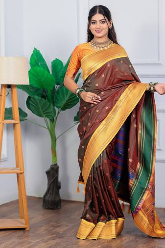 brown floral, temple border, zari woven silk blend saree with blouse