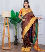 brown floral, temple border, zari woven silk blend saree with blouse