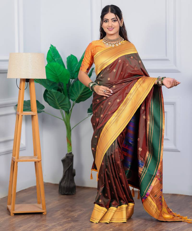 brown floral, temple border, zari woven silk blend saree with blouse