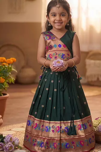 Kids paithani silk lotus pattern lehenga choli