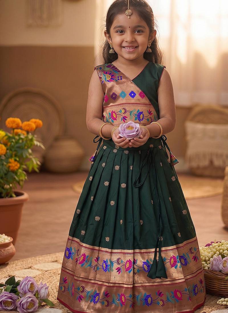 Kids paithani silk lotus pattern lehenga choli